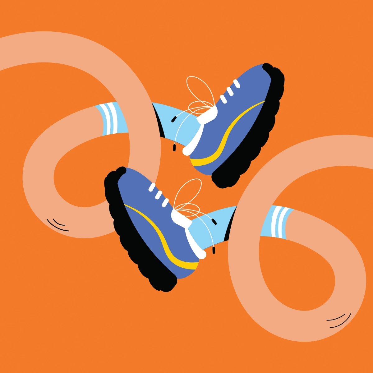 Stylised illustration of two bent legs in striped socks and blue trainers, arranged playfully against a bright orange background.